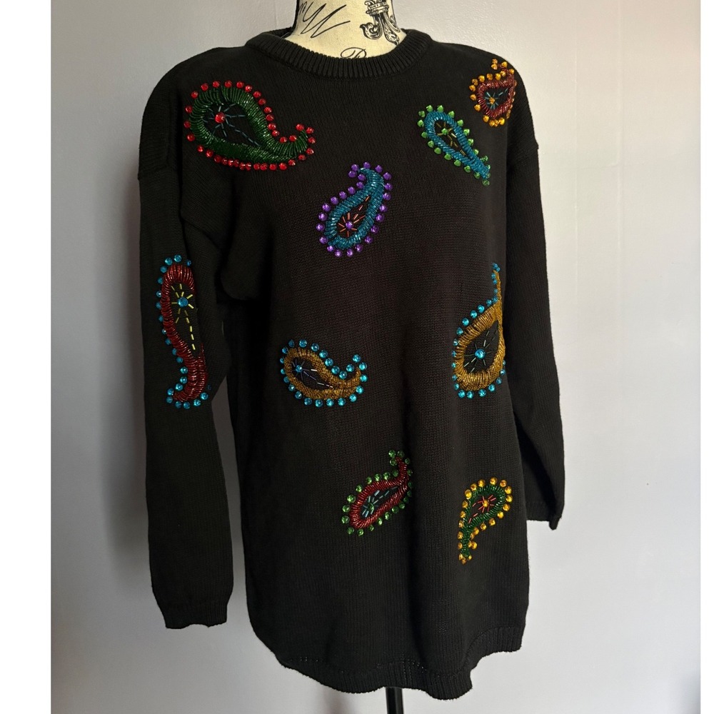Vintage L'Eah Vive Black Beaded Paisley Sweater Womens Medium Ramie Cotton‎ Knit